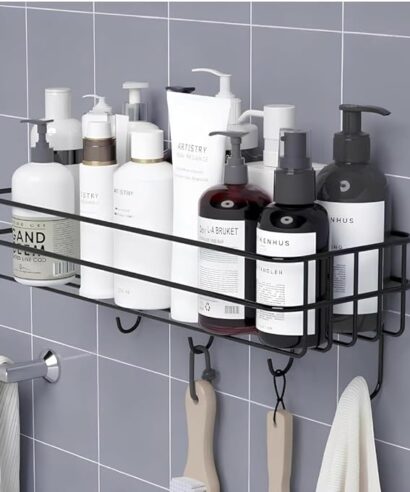 SMTG Self-Adhesive Bathroom Shelf with Hooks - Space-Saving Wall Mounted Shelf for Bathroom Essentials - Durable, No-Drill Required - Sleek Design. (Pack of 1)