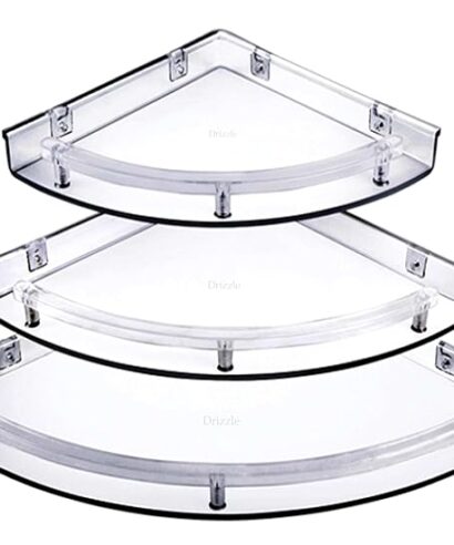 DRIZZLE Corner Shelf Super Clear | Unbreakable Transparent Bathroom Shelves | Multipurpose Use (Size 7 inch, 9 inch, 11 inch) - Set of 1 (3 Pieces)