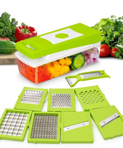 Tekcool 9 in 1 Multipurpose Chopper, Fruits & Vegetable Cutters, Grater Peeler Chipser, Unbreakable Food Grade Body, Easy Push to Clean Button Slicer Dicer, Chopper for Kitchen (Green, Plastic)