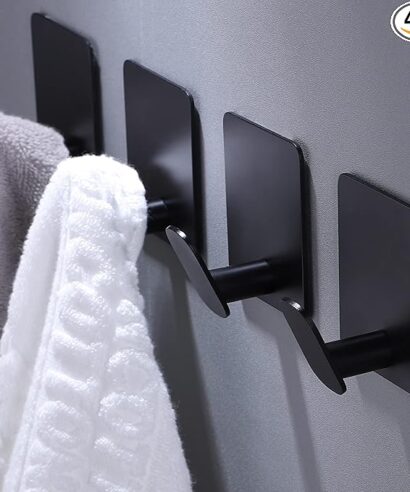 DELITON Adhesive Hooks - 4 Pack Towel/Coat Hooks Wall Hook Stick on Bathroom or Kitchen (Matte Black, Stainless Steel)